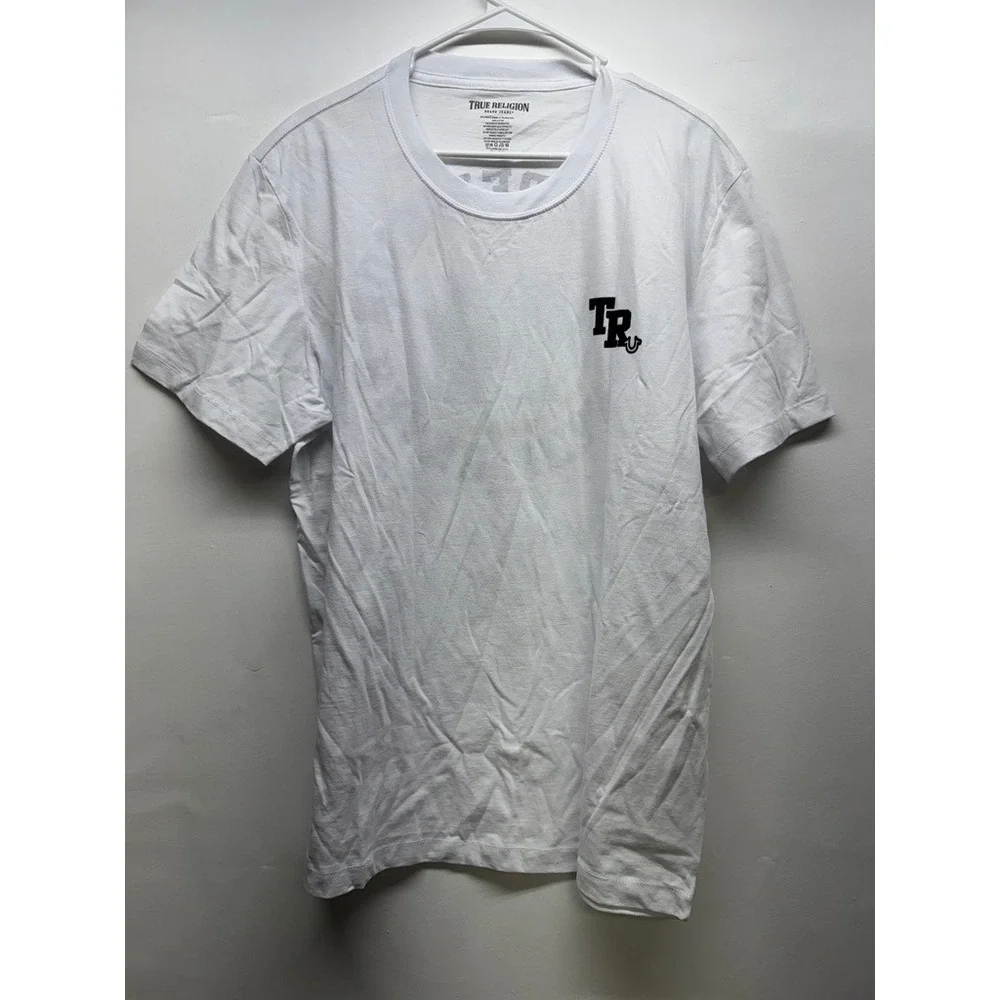 True Religion‎ T-Shirt Mens 2XL White TR Flock Buddha Graphic Short Sleeve